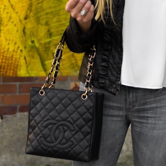 CHANEL Handbags - CHANEL Caviar Leather Petite Shopping Tote PST / Gold Chain CC Logo: Stunningly!
